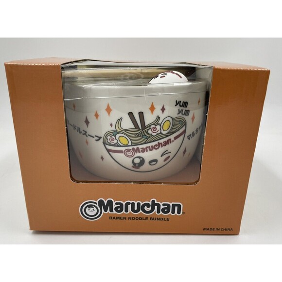 MARUCHAN Ramen Bowl Bundle W/ Spoon Chopsticks & Winky Face Chopstick Holder N01 - Picture 1 of 7